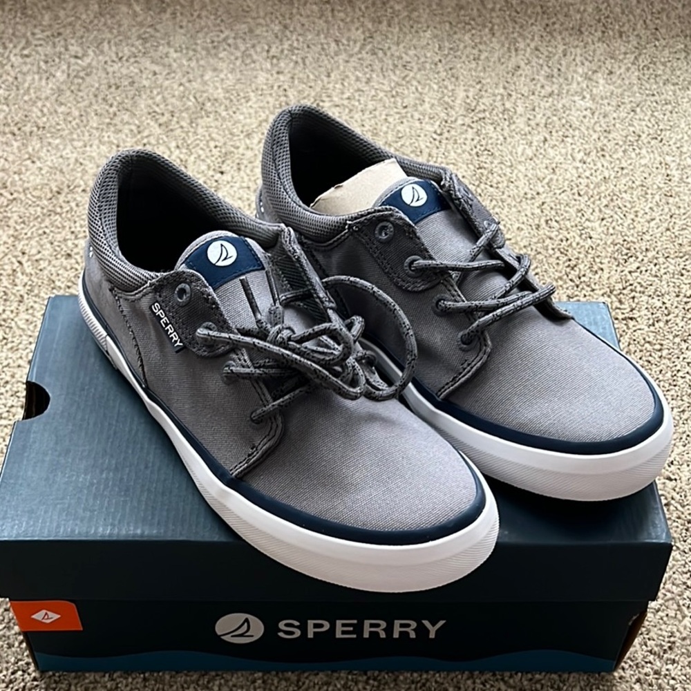 Sperry Gray Boat Shoes with Canvas Upper and Rubber Sole